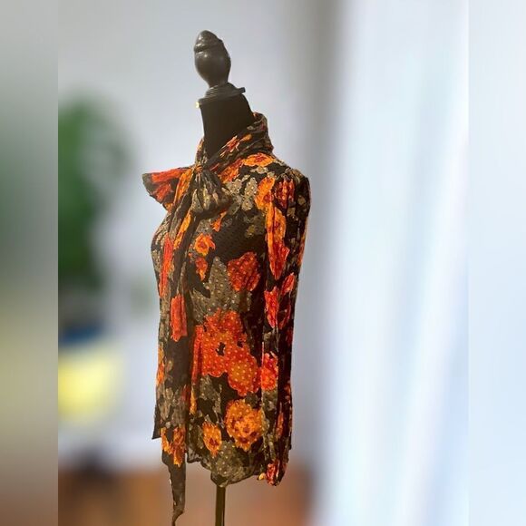 Tracy Reese NY Silk Blouse Top Tie Neck Long Sleeve Sheer Floral Size XS - Picture 8 of 16